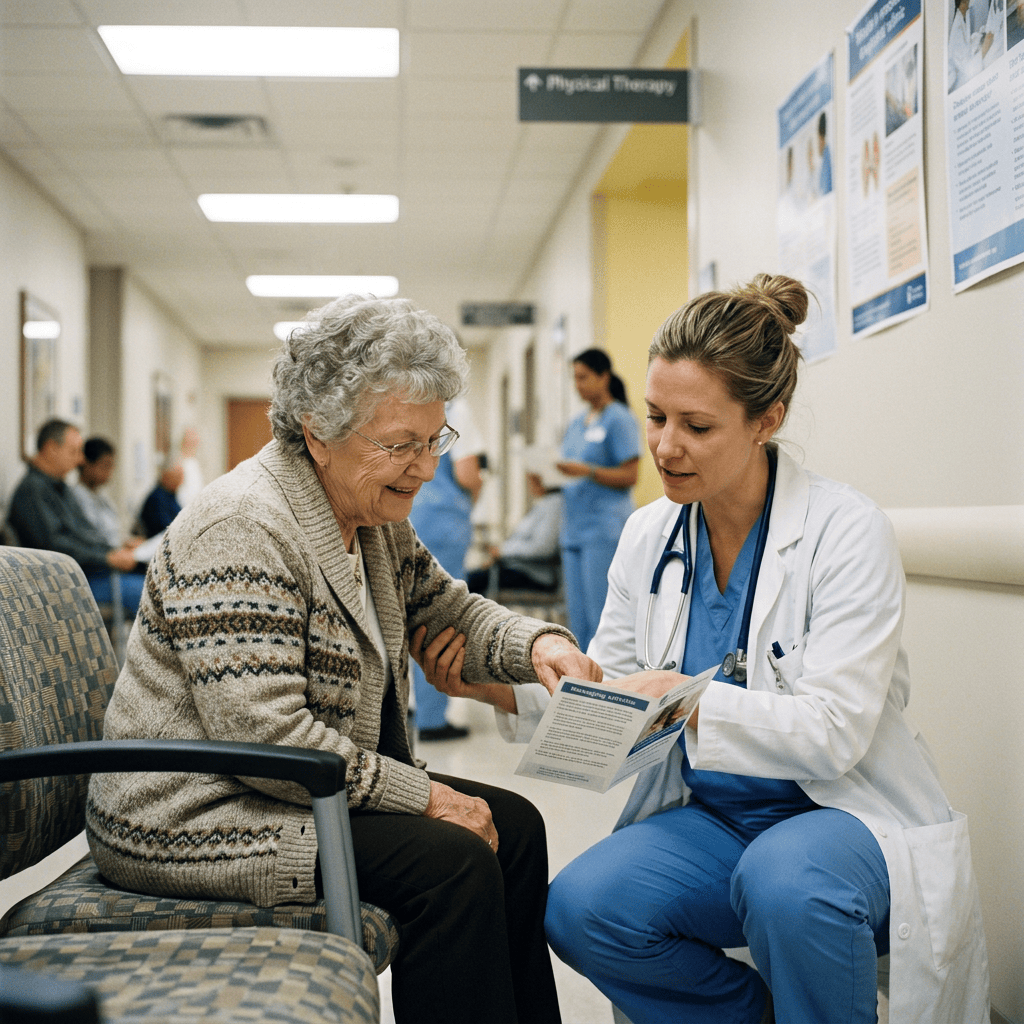 Healthcare professional discussing a brochure with an older patient near a Physical Therapy sign