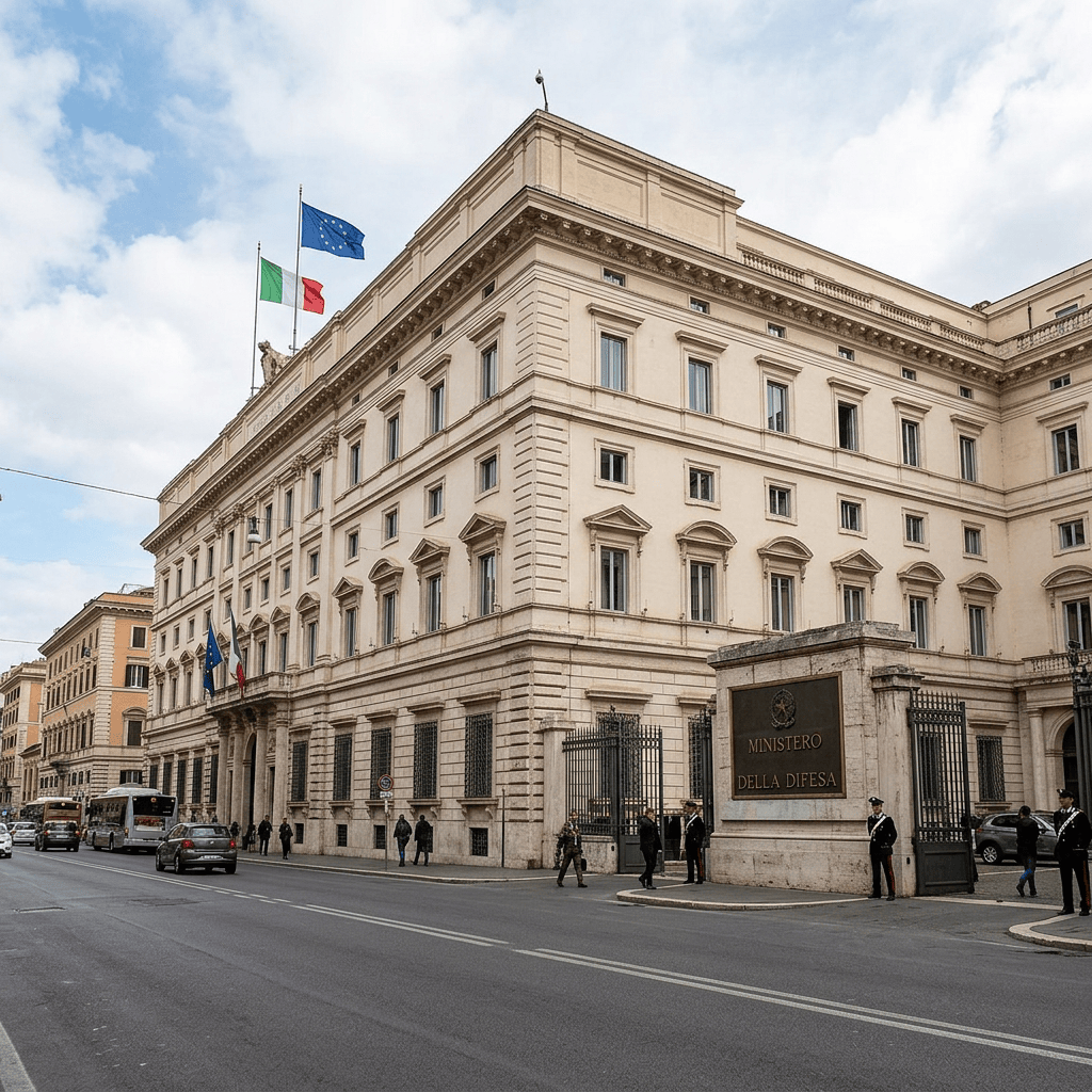 Ministero della Difesa building with Italian and European Union flags