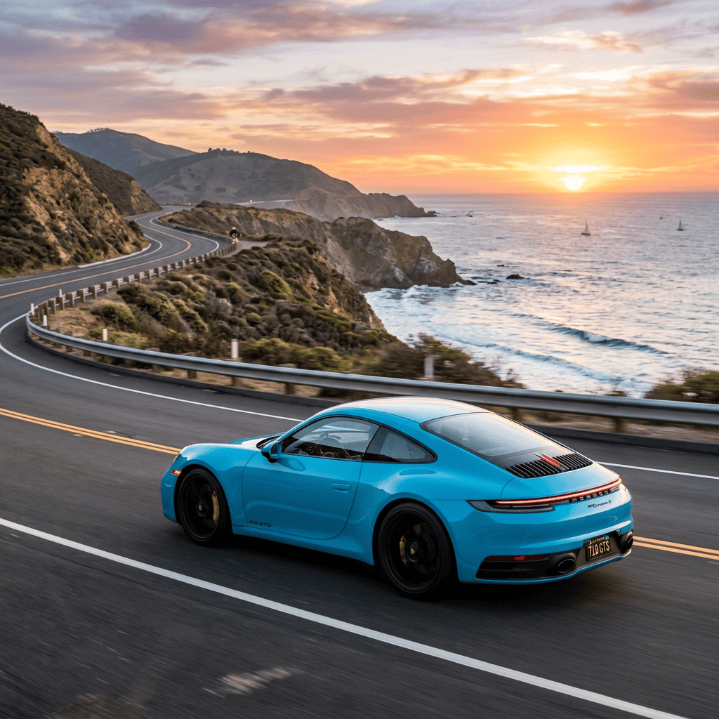 Blue Porsche driving along a coastal highway at sunset