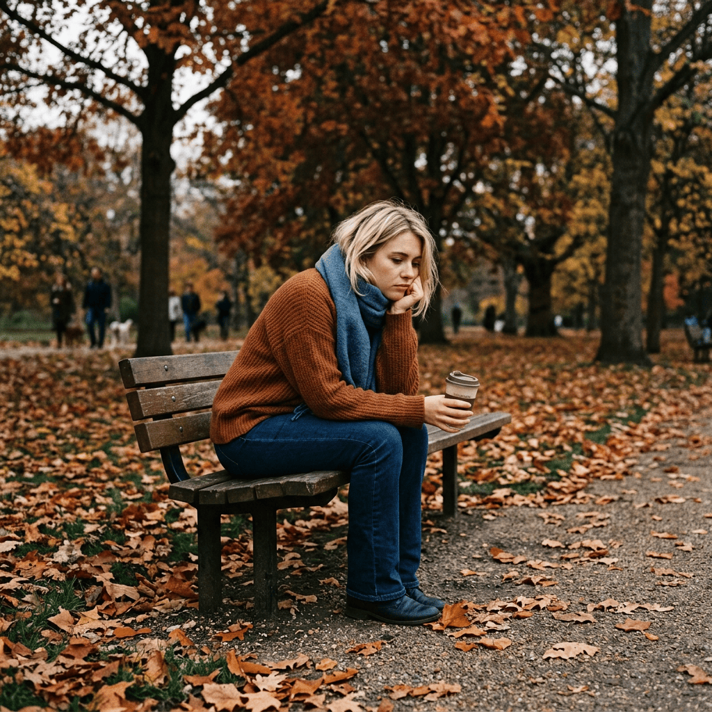 Woman sitting on a park bench with a takeaway coffee in autumn