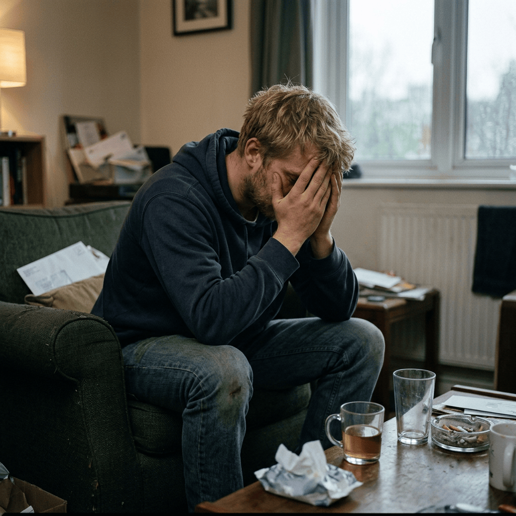 Man sitting on a sofa with his face covered by his hands