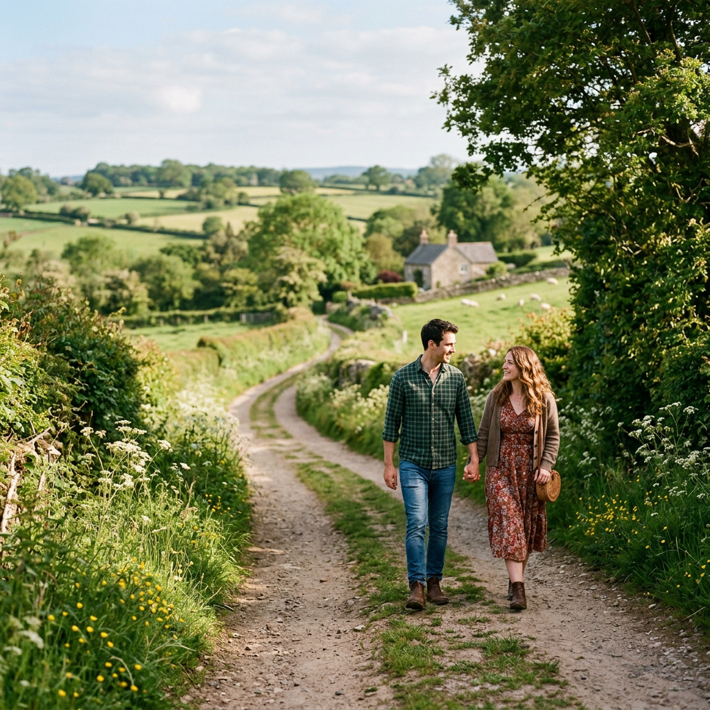 Couple walking hand in hand along a flower-lined country lane