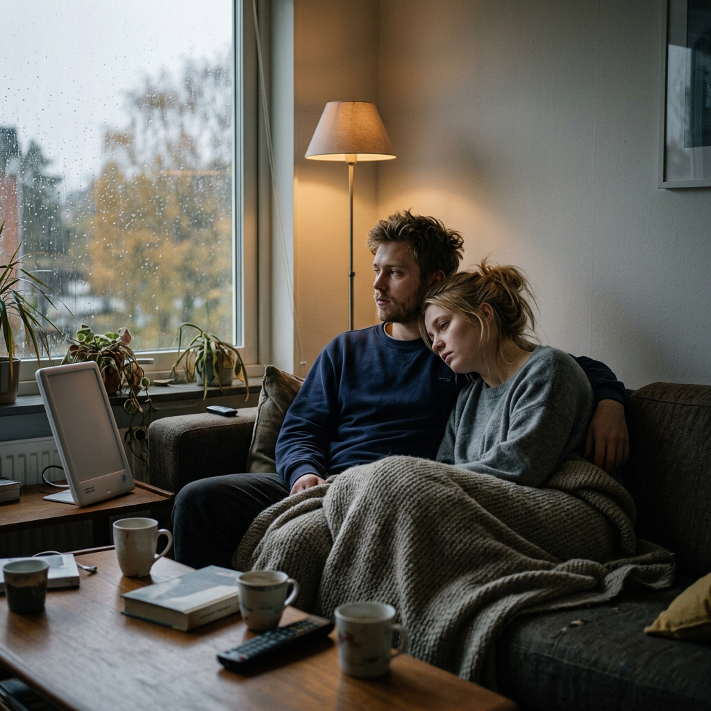 Couple cuddling under a blanket on a sofa beside a rainy window