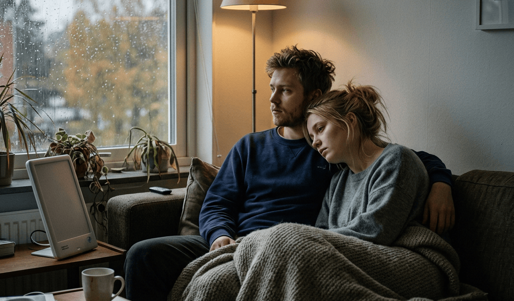 Couple cuddling under a blanket on a sofa beside a rainy window