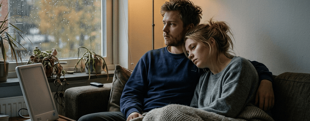 Couple cuddling under a blanket on a sofa beside a rainy window