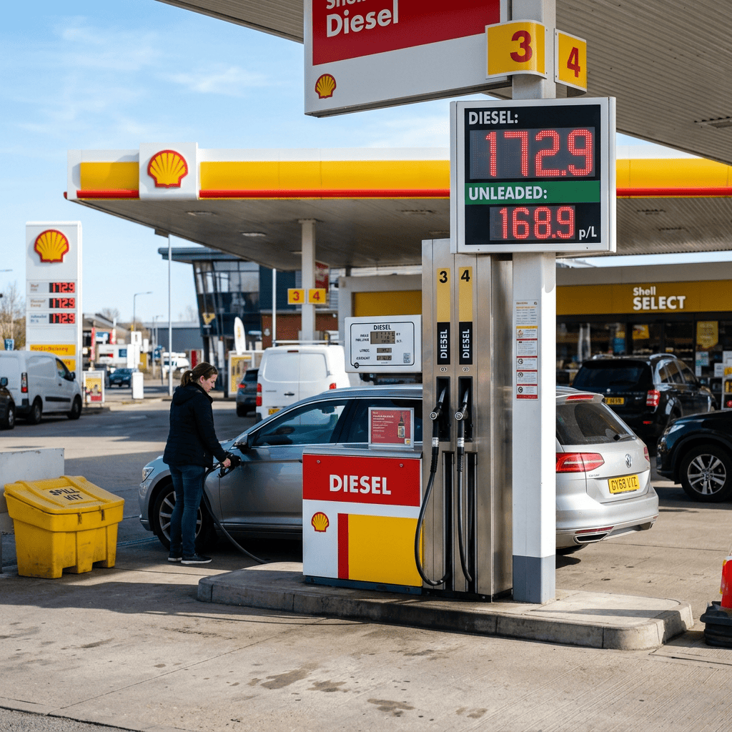 Driver refueling a car at Shell station showing diesel and unleaded prices