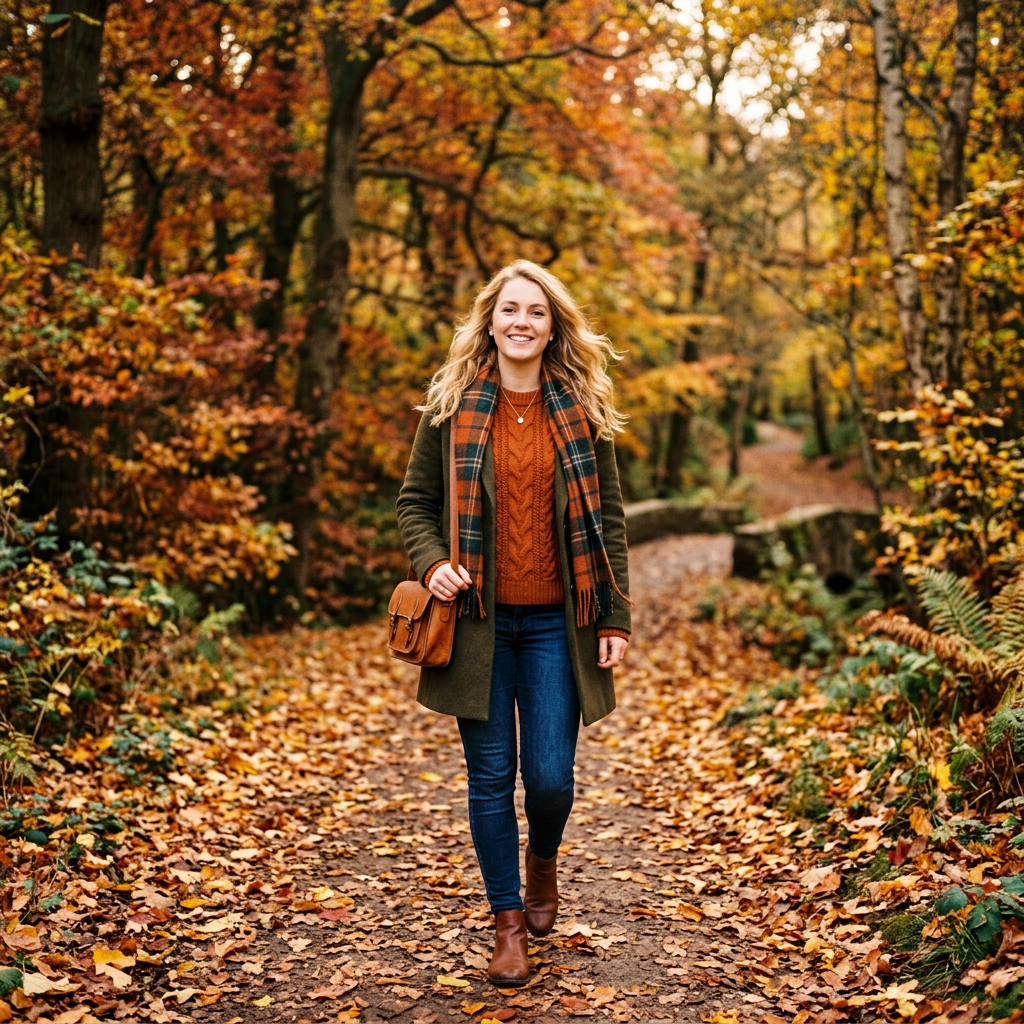 Smiling woman walking along a leaf-covered woodland path in autumn