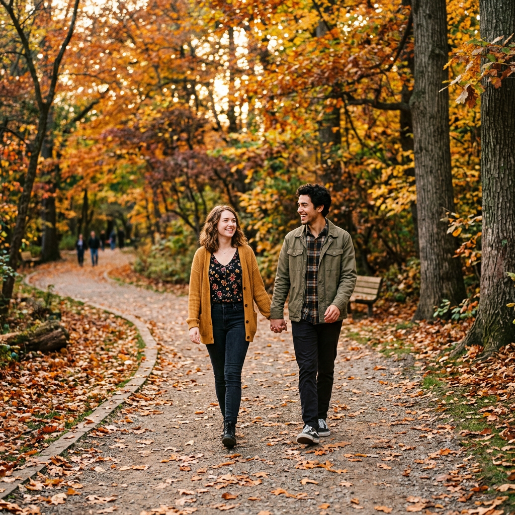 Couple walking hand in hand along a leaf-covered autumn park path
