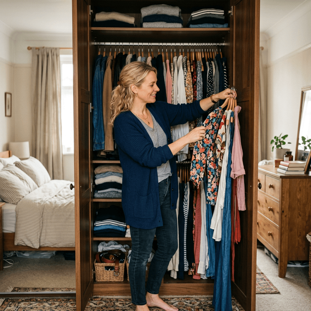 Woman organizing colorful clothes in an open bedroom wardrobe