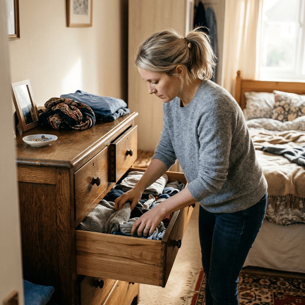 Woman organizing clothes in an open dresser drawer