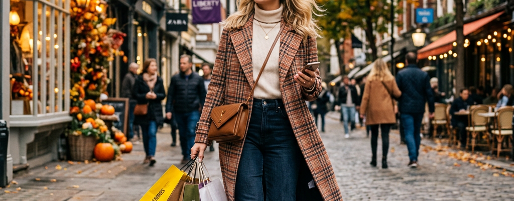 Woman carrying shopping bags on an autumn shopping street