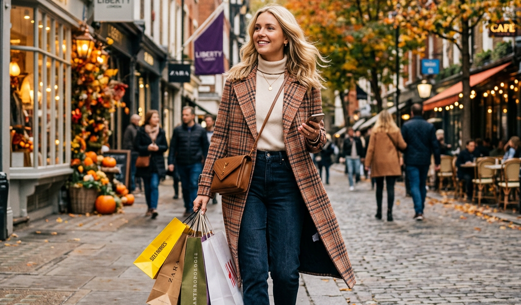 Woman carrying shopping bags on an autumn shopping street