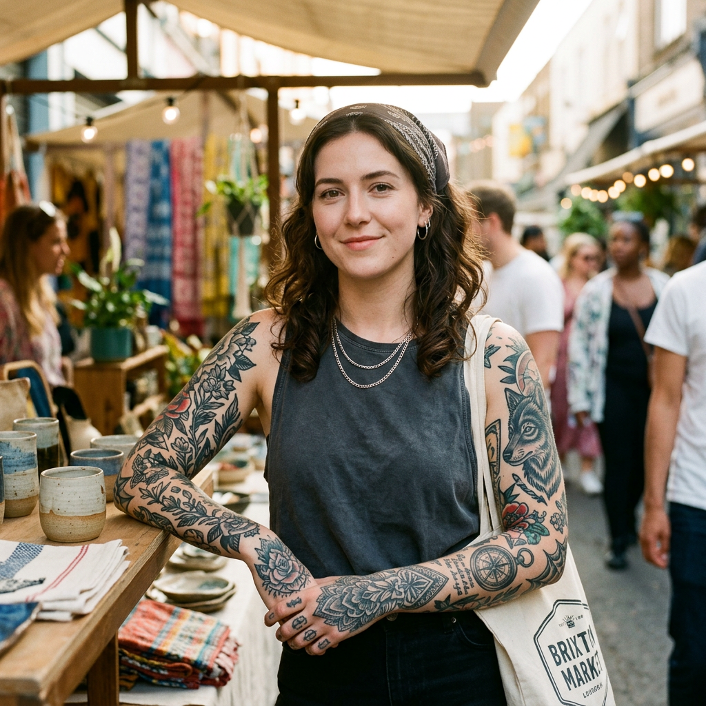 Tattooed woman standing at a ceramics and textiles market stall