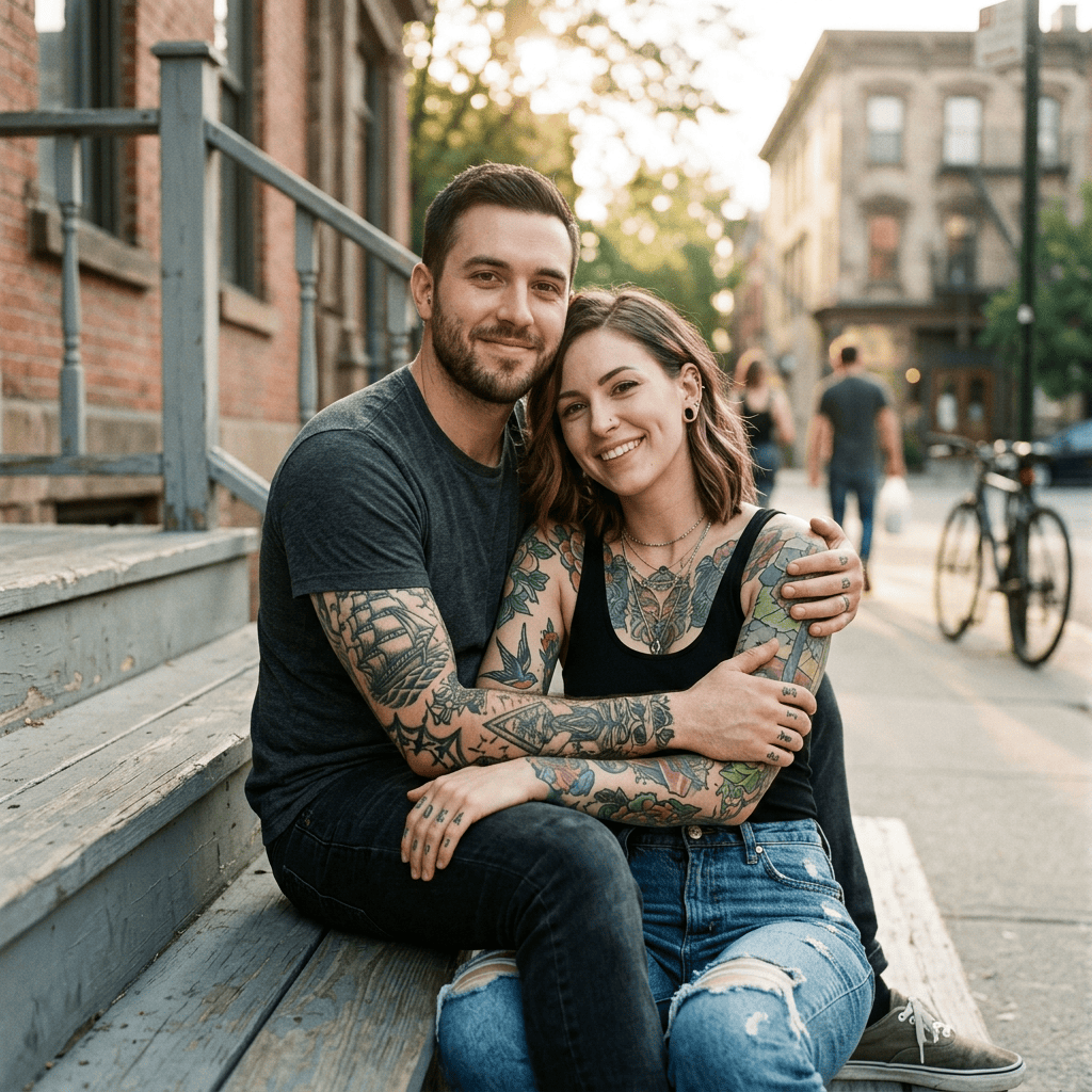 Smiling tattooed couple embracing on wooden steps in an urban neighborhood