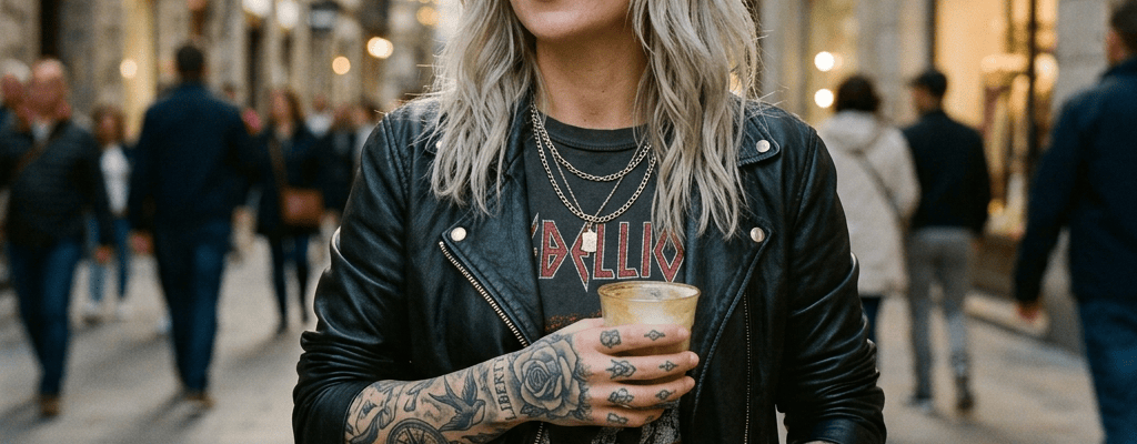 Tattooed woman holding coffee on a bustling city street