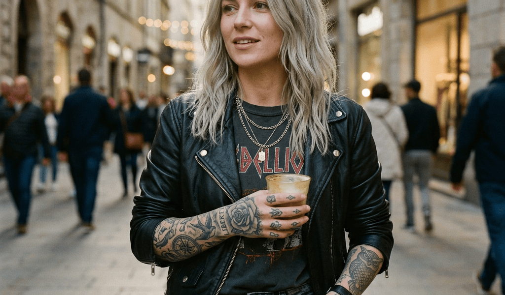 Tattooed woman holding coffee on a bustling city street