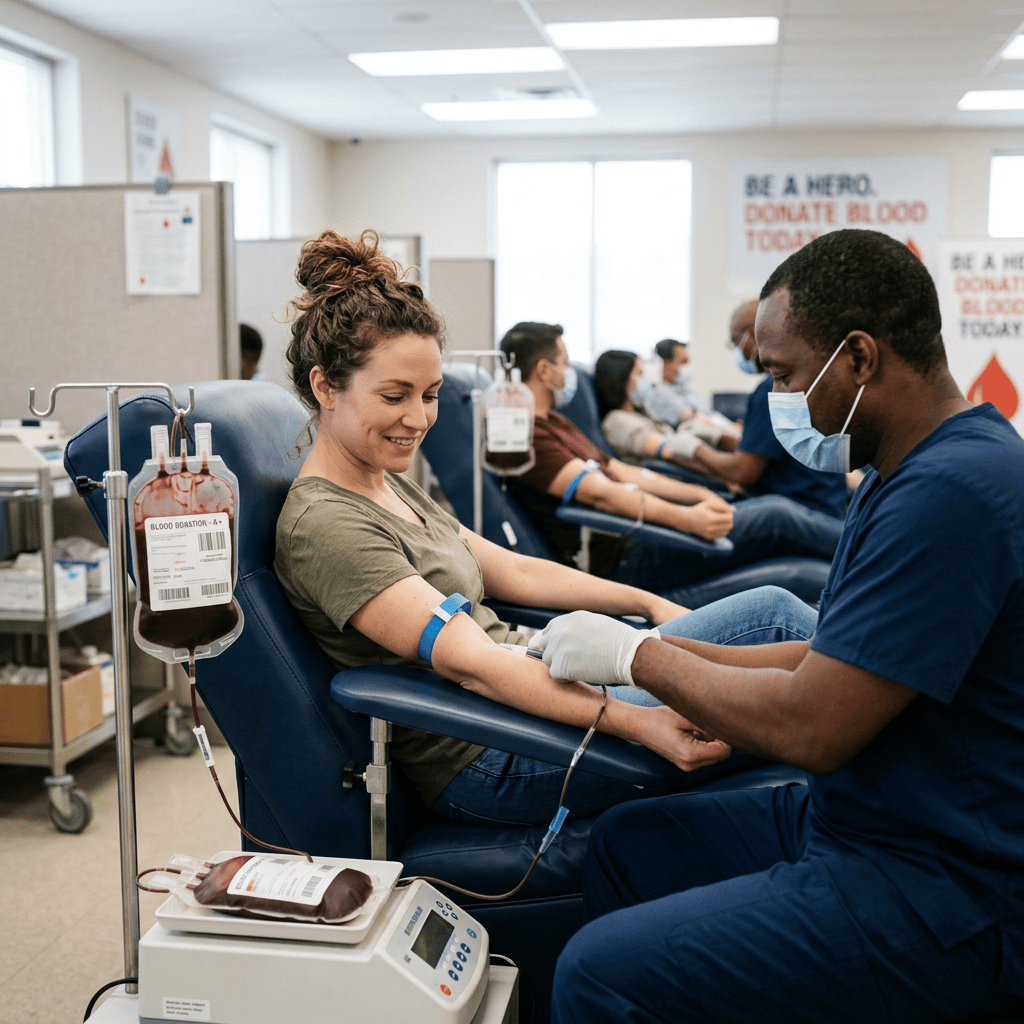 Healthcare worker assists blood donor; poster reads “BE A HERO DONATE BLOOD TODAY.”