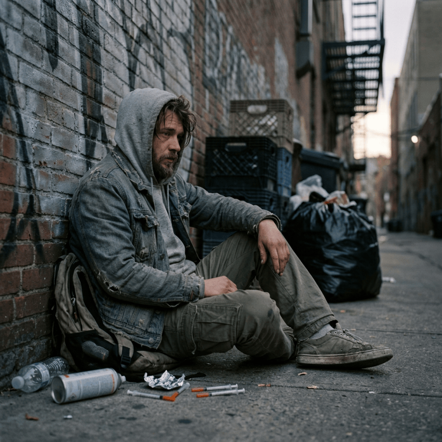 Man sitting beside a brick wall in an alley with belongings and litter