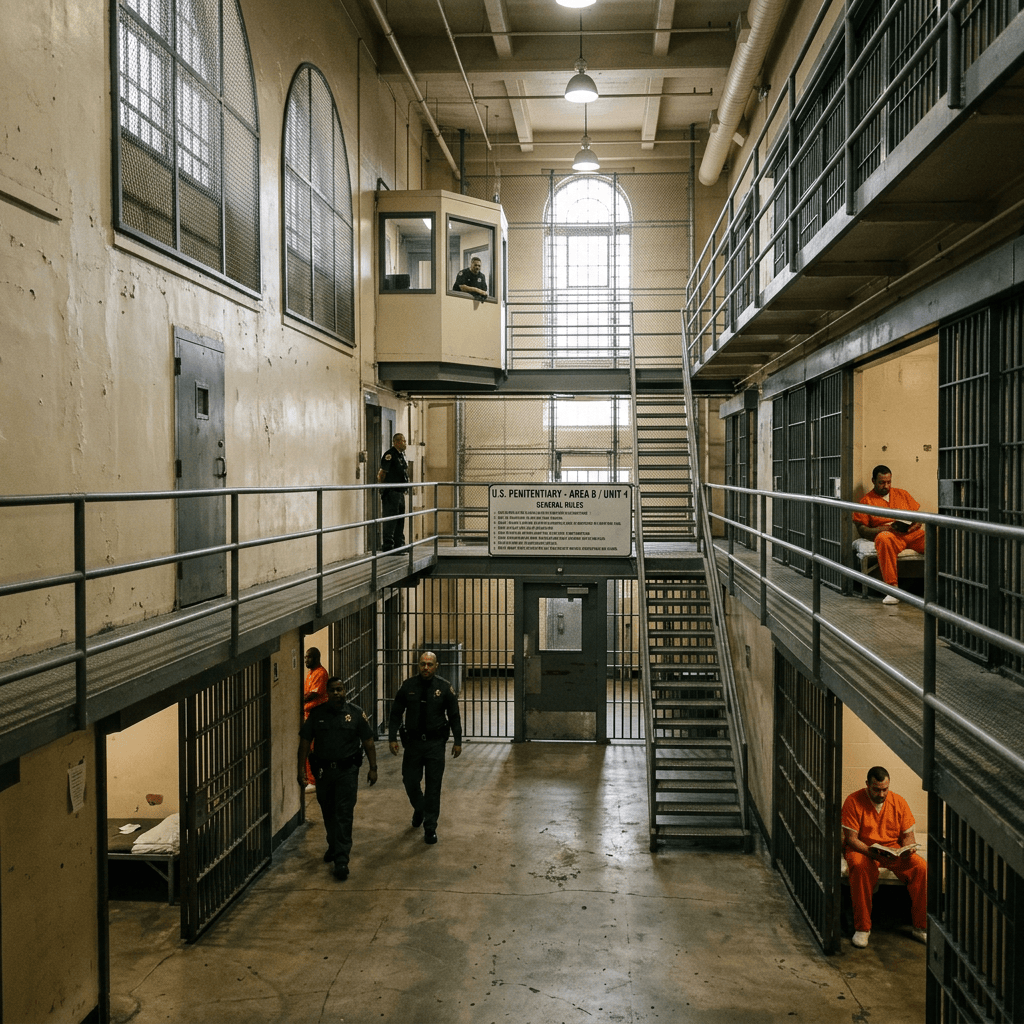 Prison housing unit with officers, barred cells, and inmates in orange uniforms