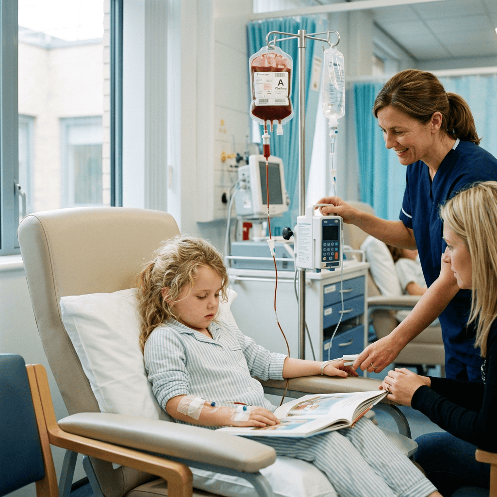 Child receiving an infusion while reading with family and a nurse