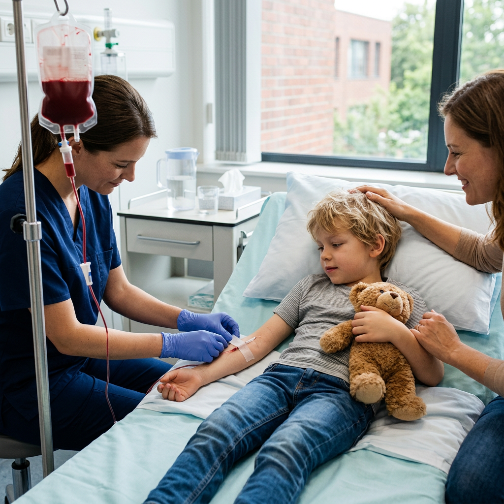 Nurse tending to child in hospital bed as parent provides comfort