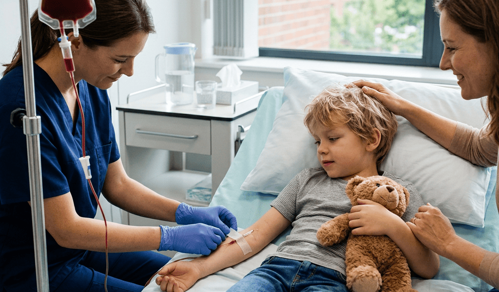 Nurse tending to child in hospital bed as parent provides comfort