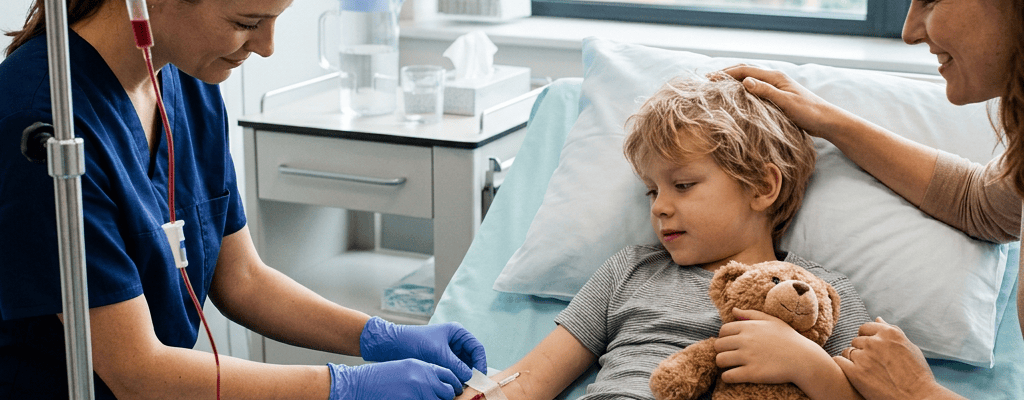Nurse tending to child in hospital bed as parent provides comfort