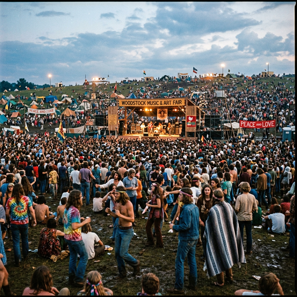 Crowd gathered before a stage labeled Woodstock Music & Art Fair