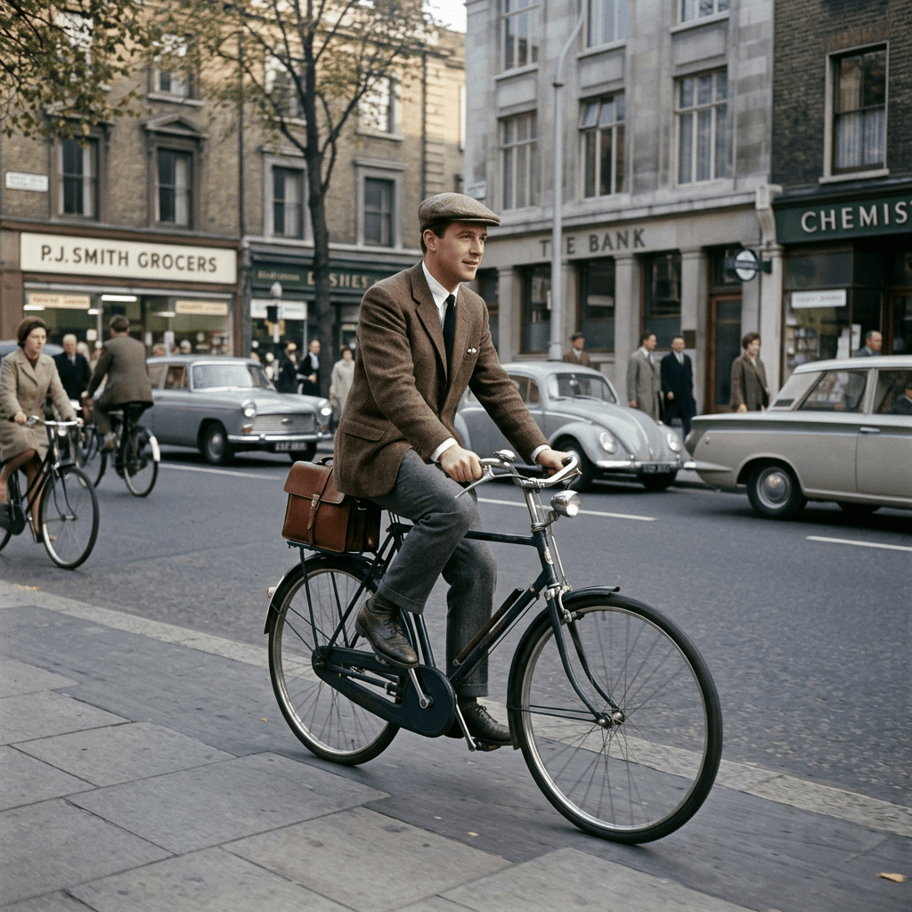 Suited cyclist riding bicycle past P.J. Smith Grocers and city traffic