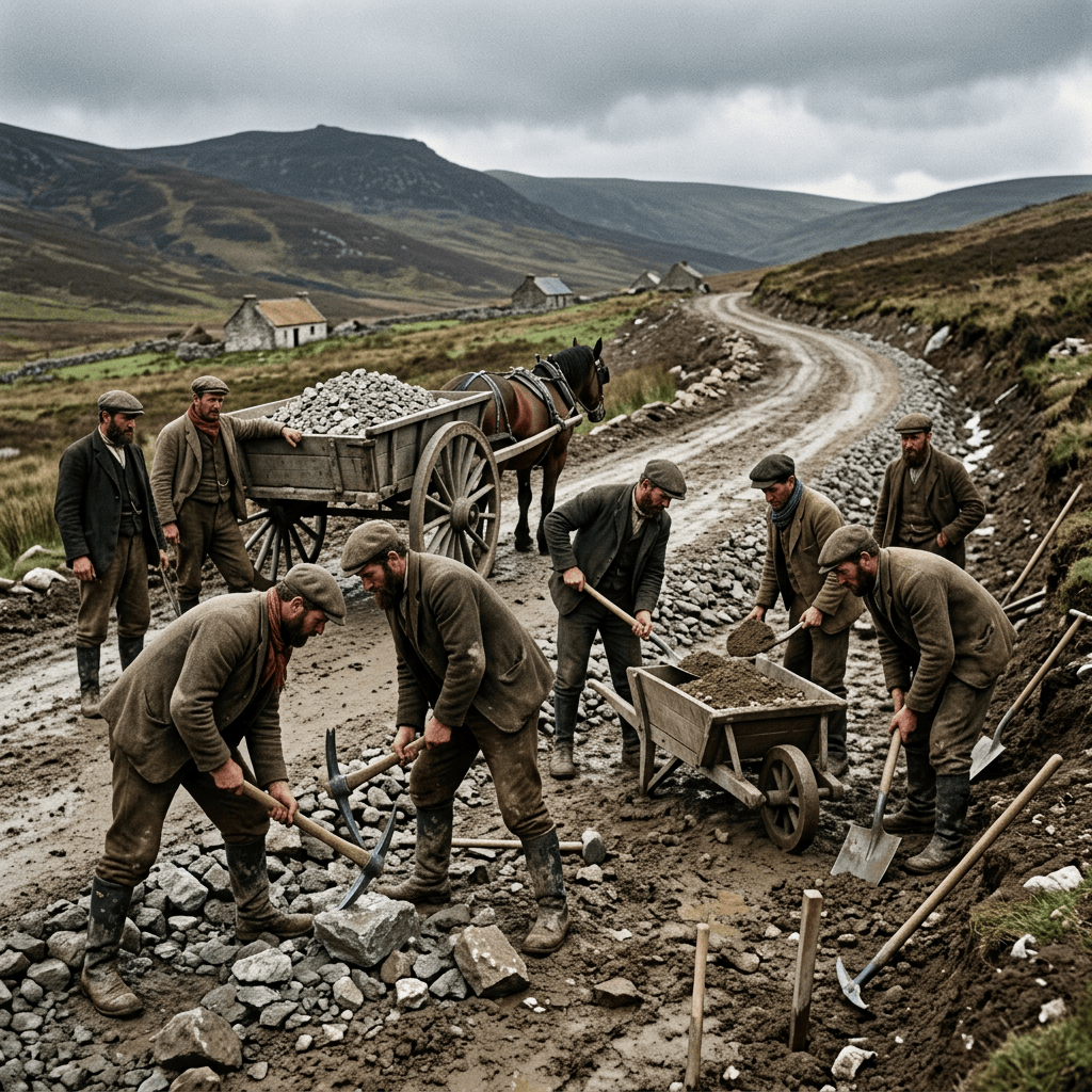 Workers building a mountain road beside a horse-drawn stone cart
