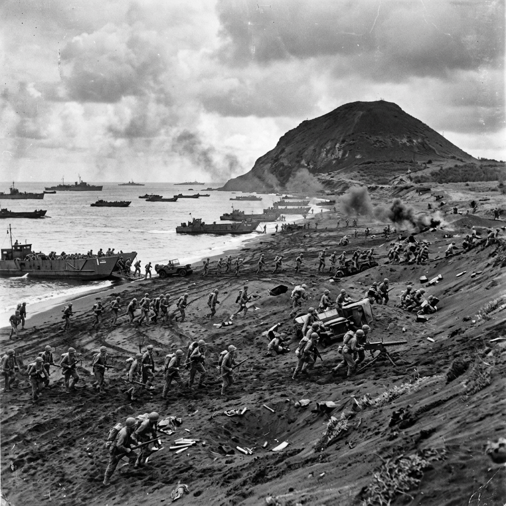 Soldiers advancing from landing craft onto a beach beneath a volcanic hill