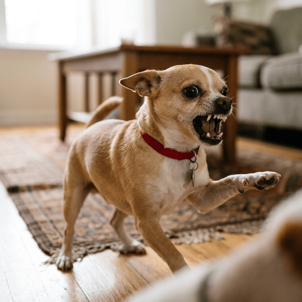 Small tan dog raising one paw and baring its teeth indoors