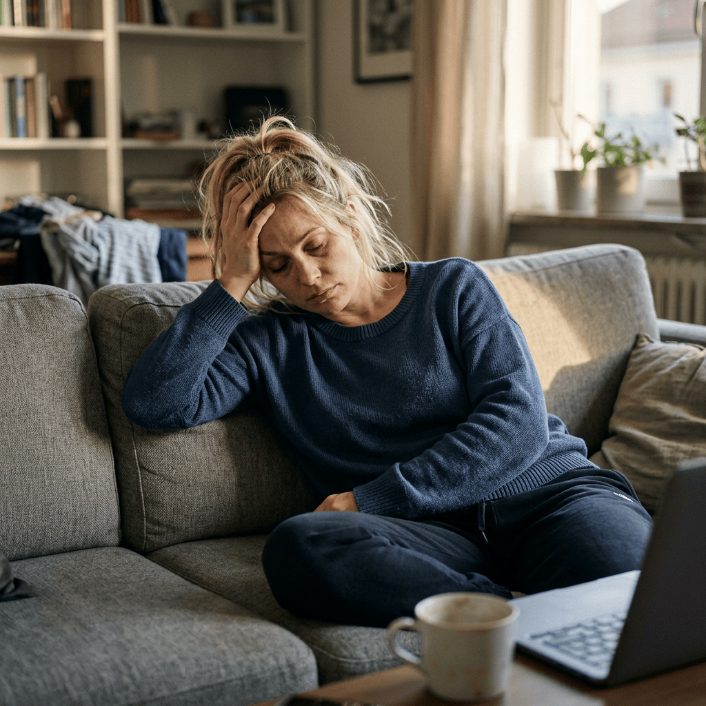 Tired woman sitting on sofa with laptop and coffee