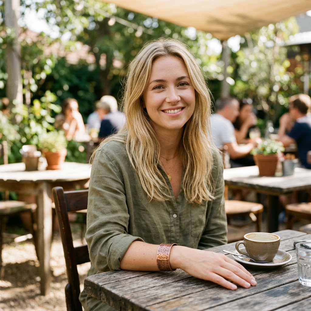 Smiling woman seated at an outdoor café table with coffee