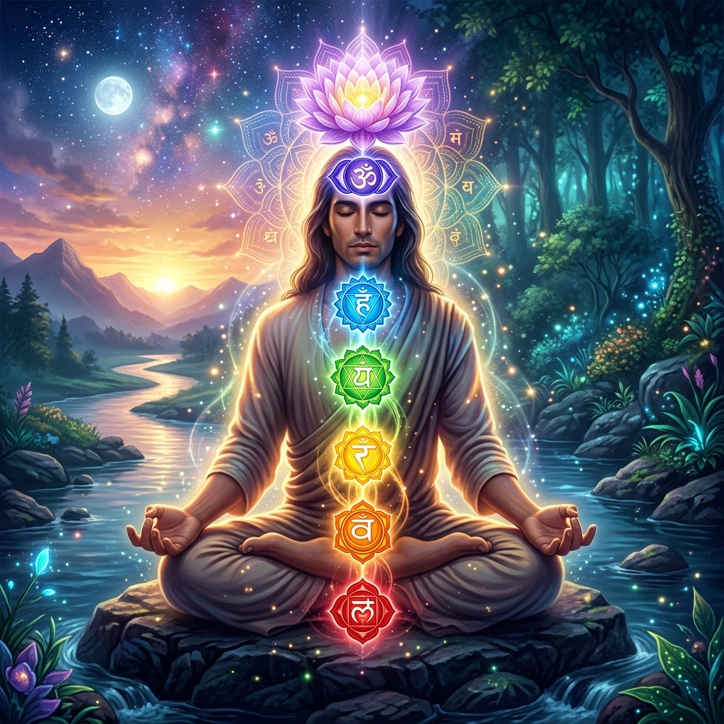 Meditating person with seven glowing chakra symbols beside a moonlit river