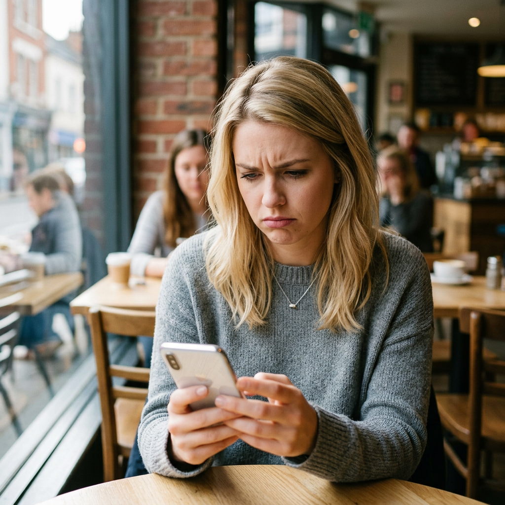 Woman looking concerned while checking her phone in a café