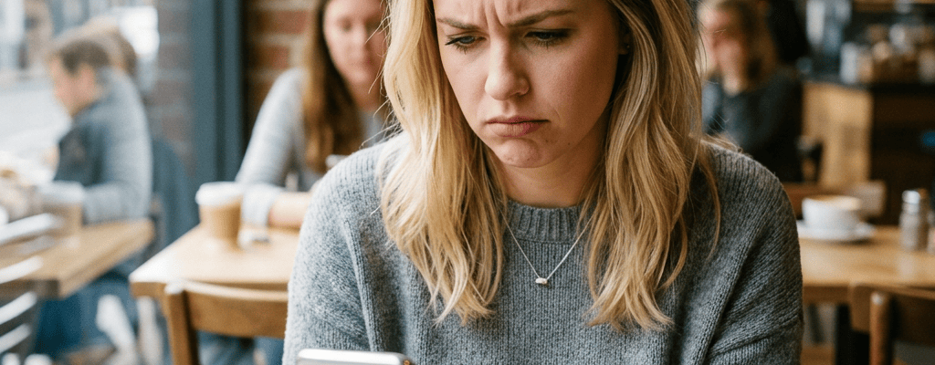 Woman looking concerned while checking her phone in a café