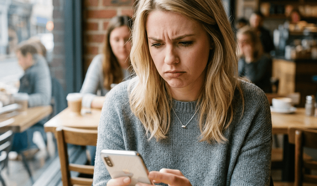 Woman looking concerned while checking her phone in a café