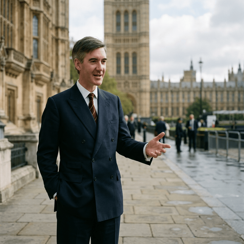 Suited man gesturing outside the Houses of Parliament in London