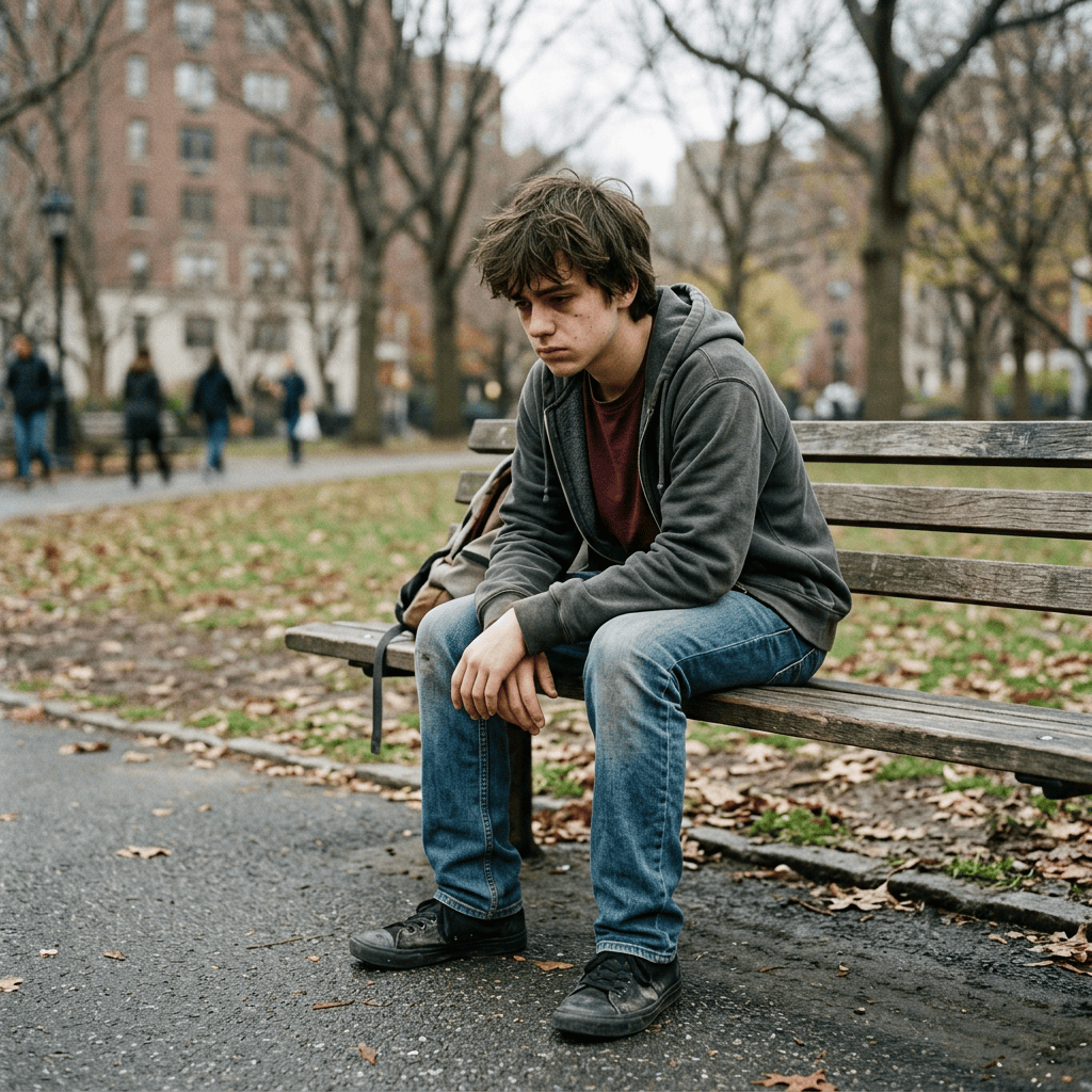 Young man sitting pensively on a park bench in an autumn city park