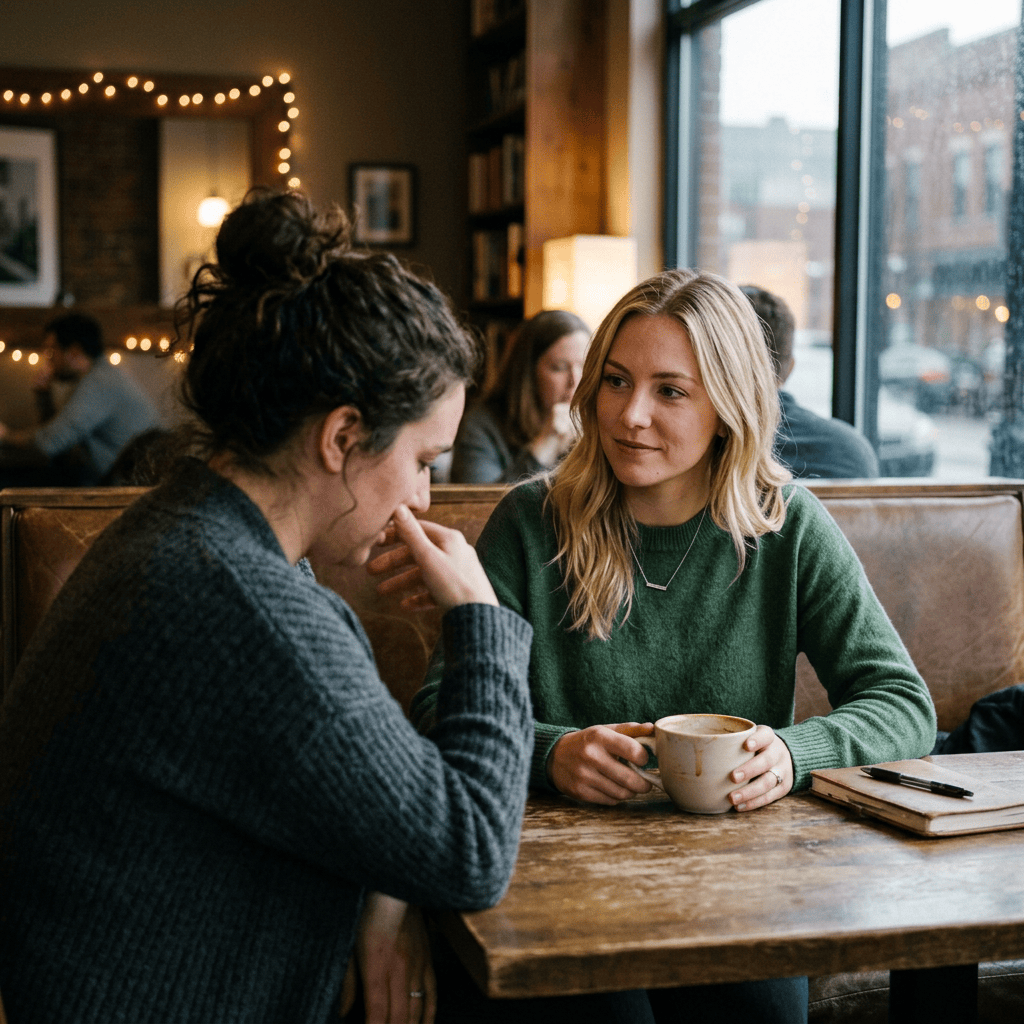 Two women talking over coffee at a warmly lit café table