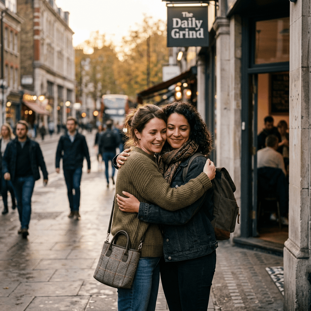 Two friends embracing outside The Daily Grind café on a city street