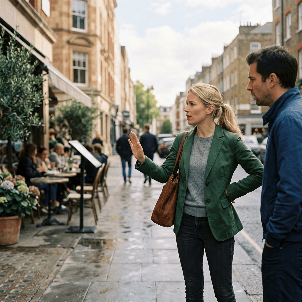 Woman gesturing while speaking with a man on a city street