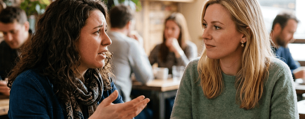 Two women talking over coffee at a café table