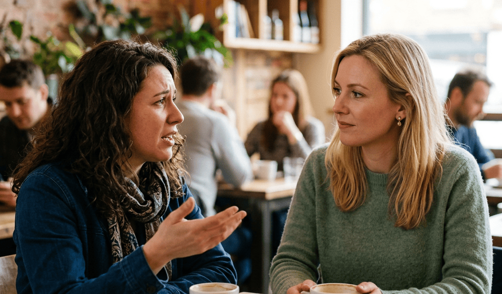 Two women talking over coffee at a café table
