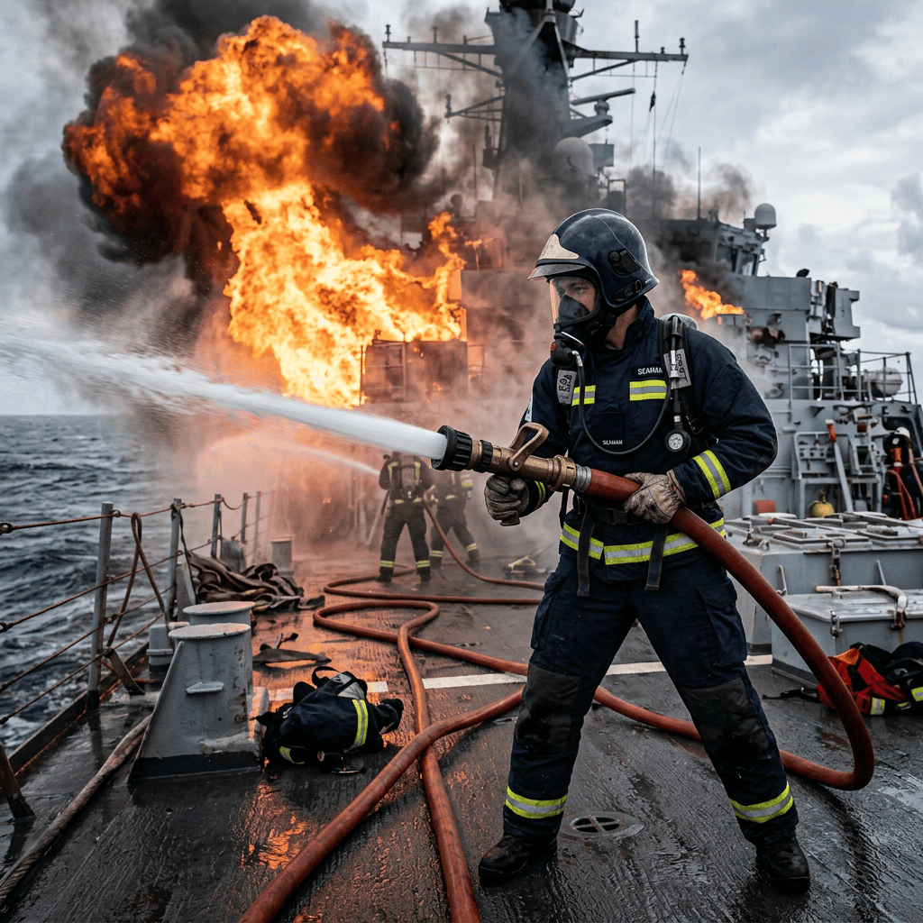 Firefighter spraying water at flames aboard a burning ship