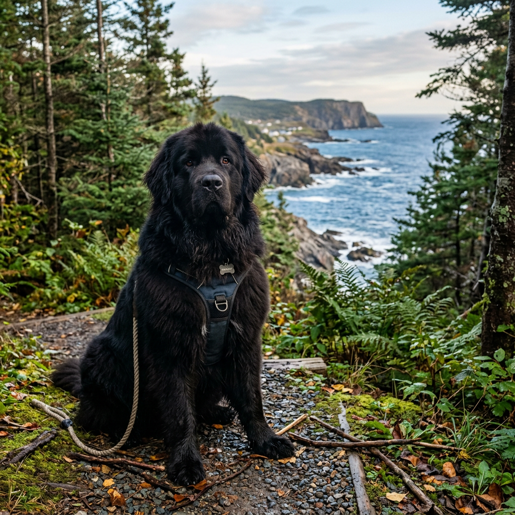 Black dog sitting on a forest trail overlooking a rocky coastline