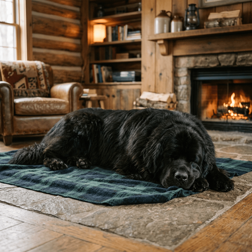 Black dog sleeping on a plaid blanket beside a lit fireplace