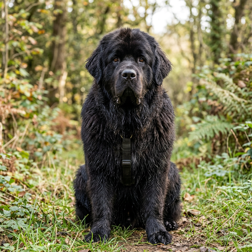Large black dog sitting on a wooded trail