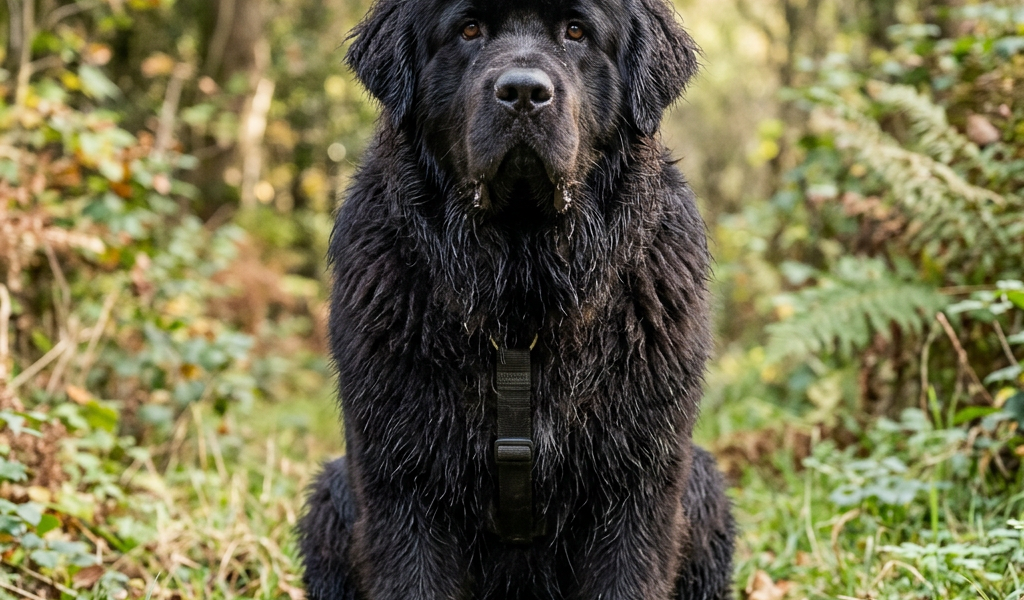 Large black dog sitting on a wooded trail